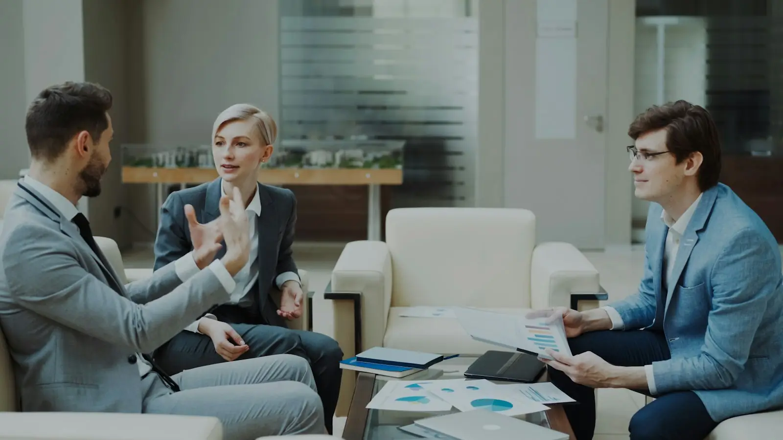 A consultation discussion in an office lounge