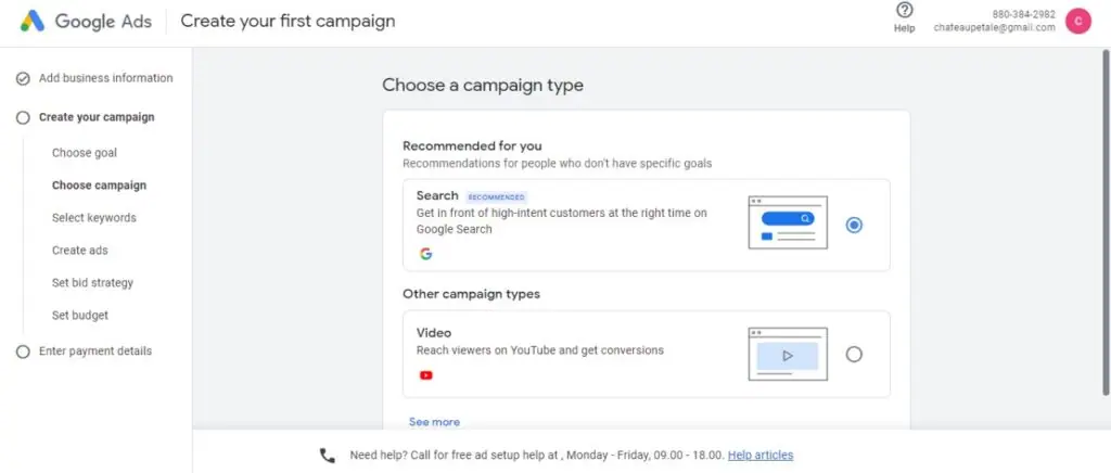 Memilih tipe campaign di google ads
