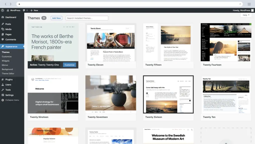 Halaman Themes di dasbor WordPress berisi pilihan tema bawaan