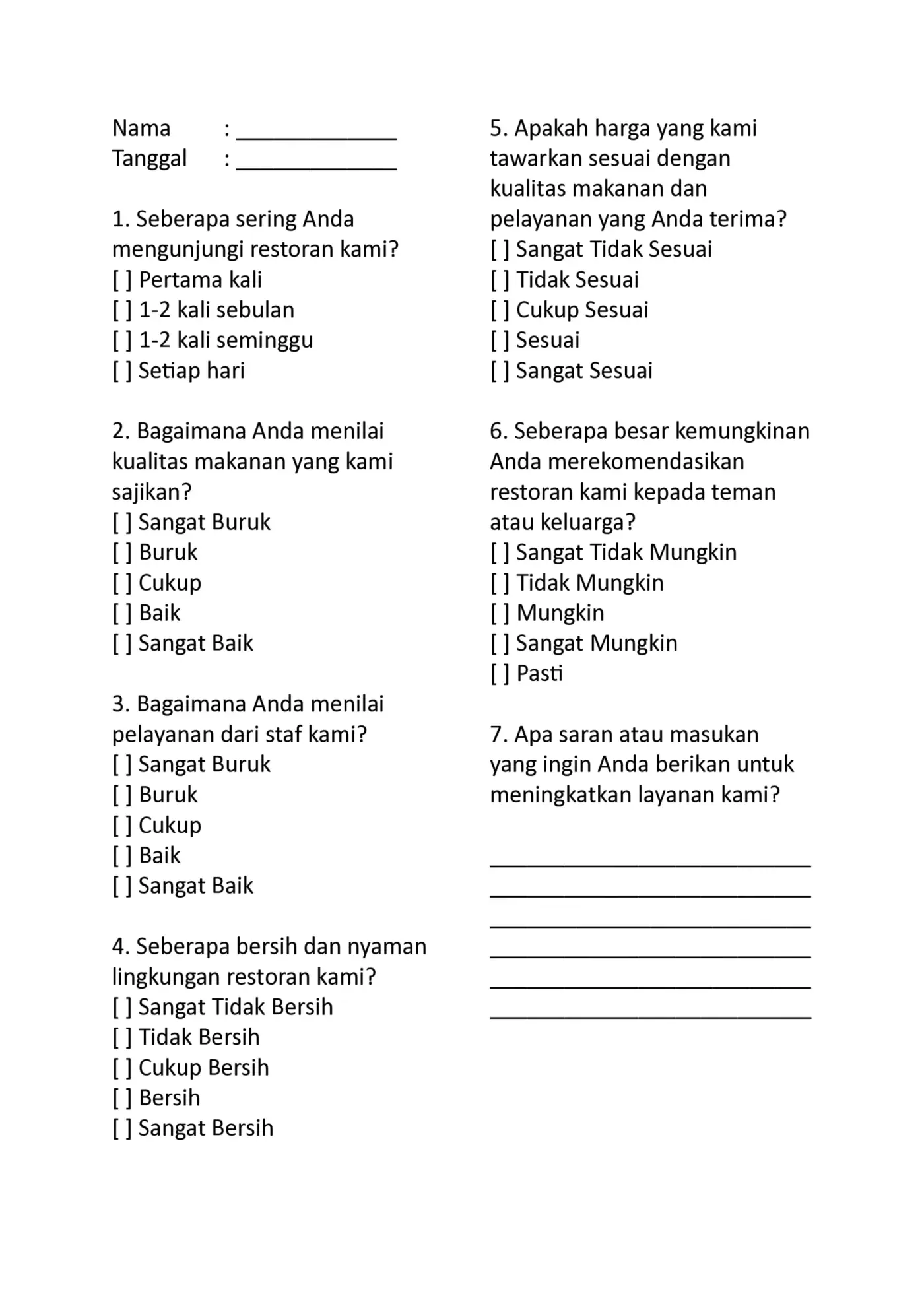 Contoh Kuesioner Customer Satisfaction