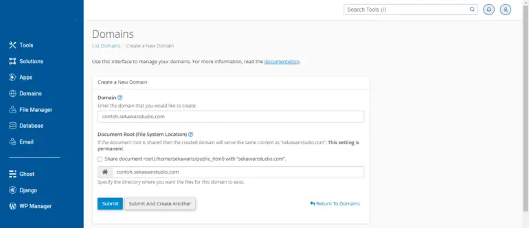 memasukkan nama subdomain baru di cpanel