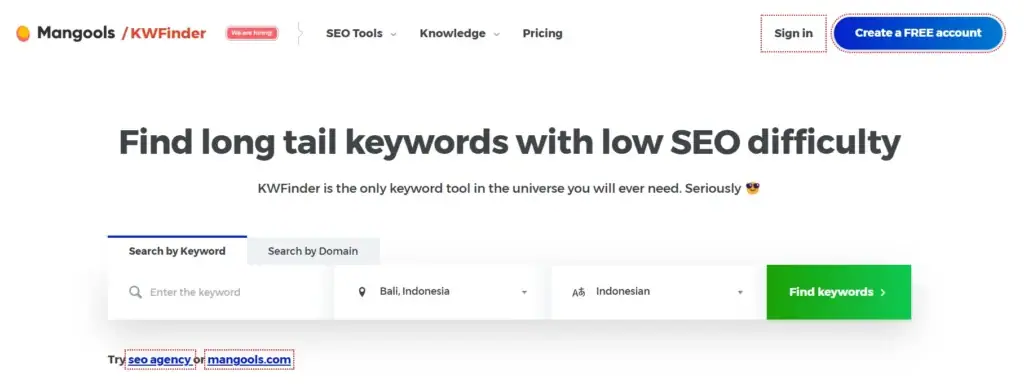 Tampilan keyword finder Mangools