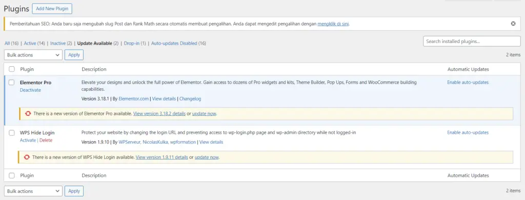 memeriksa pembaruan plugin