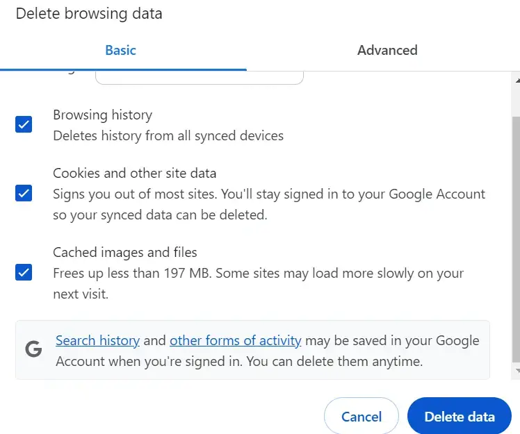 Tampilan menghapus cache pada browser