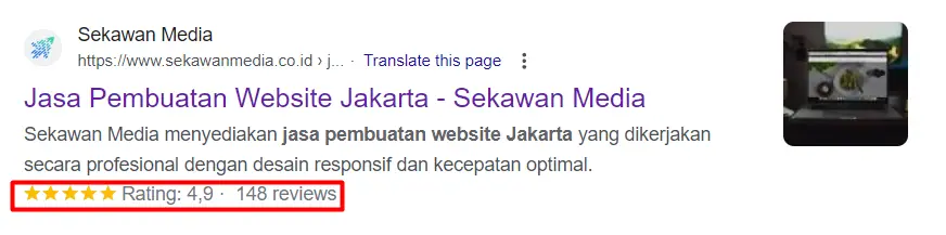 Contoh tampilan rich result pada SERP dari laman web Sekawan Media dengan keyword jasa pembuatan website jakarta