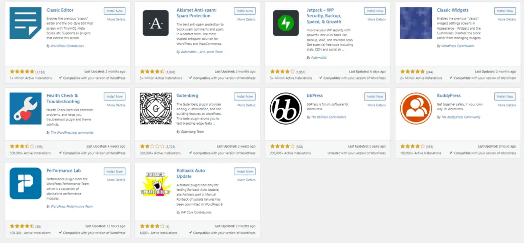 Daftar plugin di dasbor WordPress lengkap dengan rating, jumlah pemasangan aktif, dan tombol Install Now