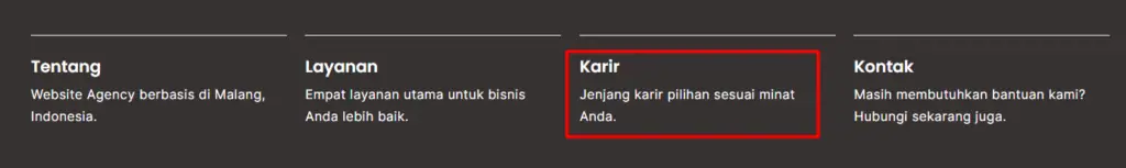 Footer sebuah website yang berisi CTA ke laman karir