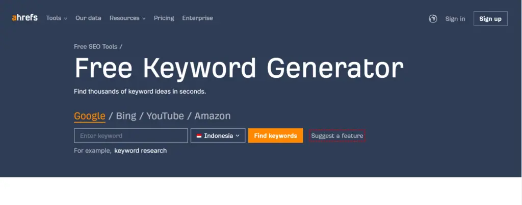 Tampilan research keyword Ahrefs versi tidak berbayar