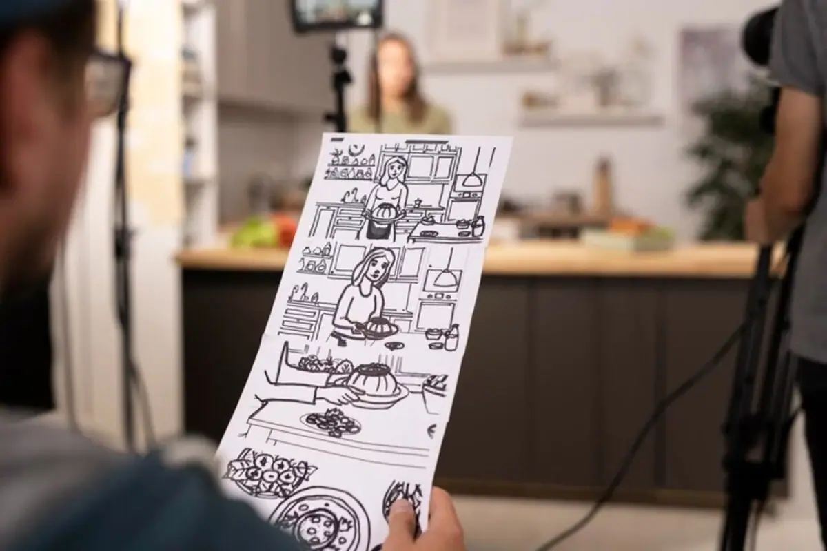 seorang laki-laki memegang storyboard tradisional