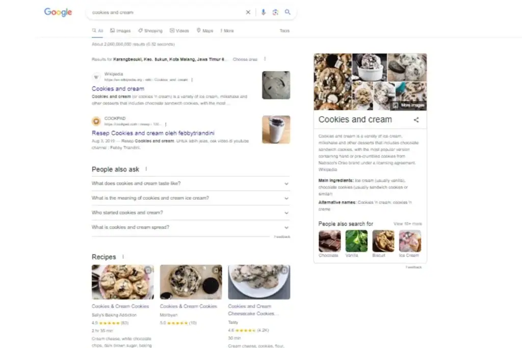 Hasil pencarian Google untuk cookies and cream yang menampilkan knowledge panel, blok People also ask, dan daftar resep