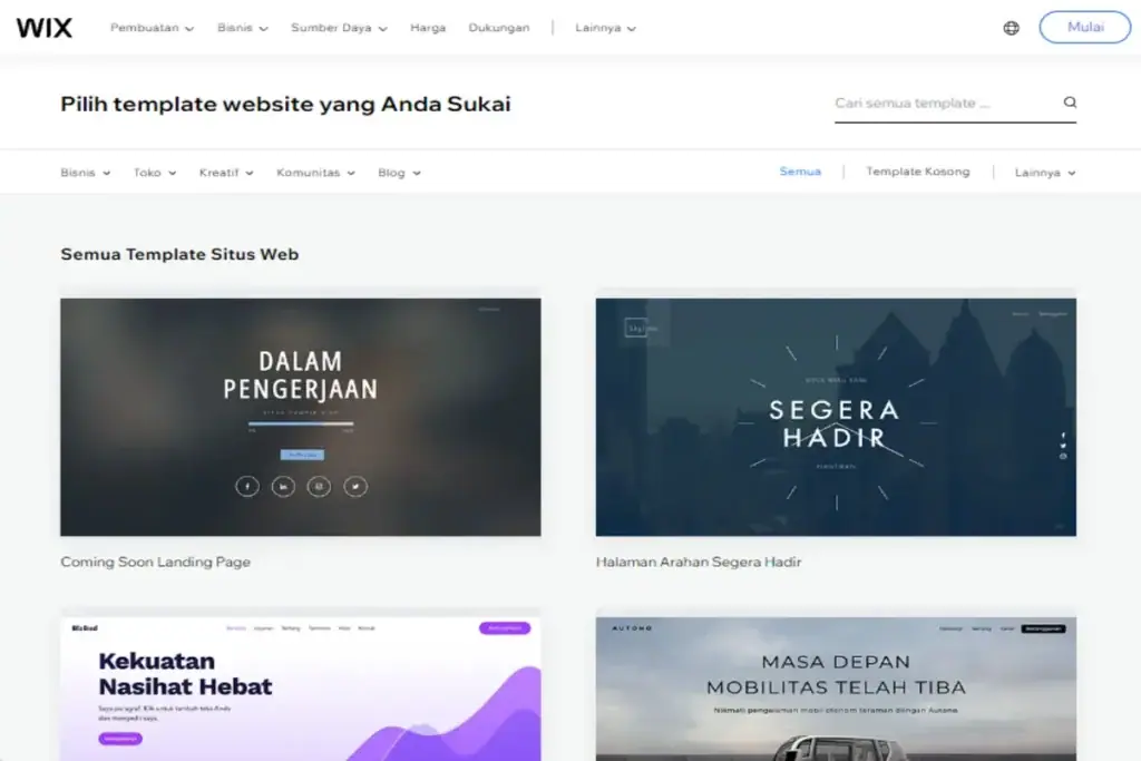 Pilihan Template di Wix
