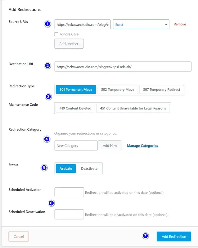 tambahkan redirection pada rank math