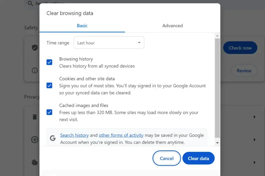 clear cache dan cookies untuk memperbaiki error 500