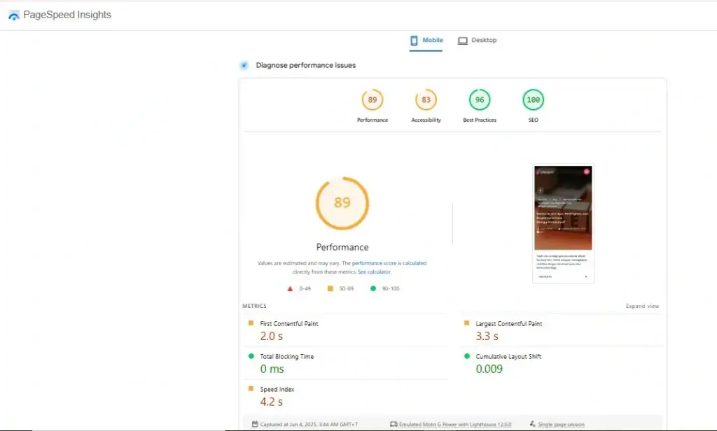 Report kecepatan halaman pada perangkat mobile