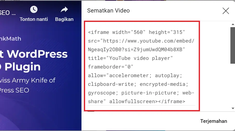menyalin kode iframe pada youtube embed code