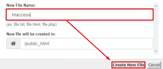 Kotak dialog pembuatan berkas baru bernama .htaccess di dalam folder public_html