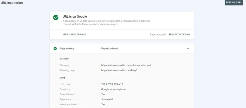 contong indexing pada halaman website menggunakan Google Search Console