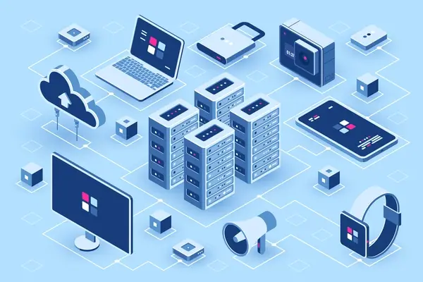 vector computer technology isometric icon, server room, digital device set, element for design, pc laptop