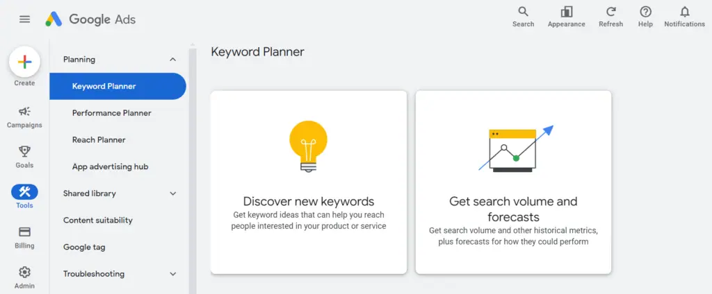 Tampilan awal Google Keyword Planner