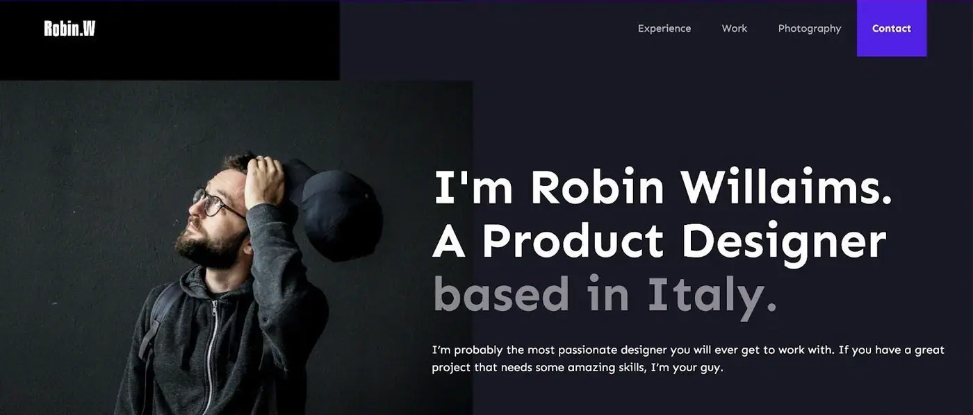 homepage dari sebuah online portfolio dari product designer