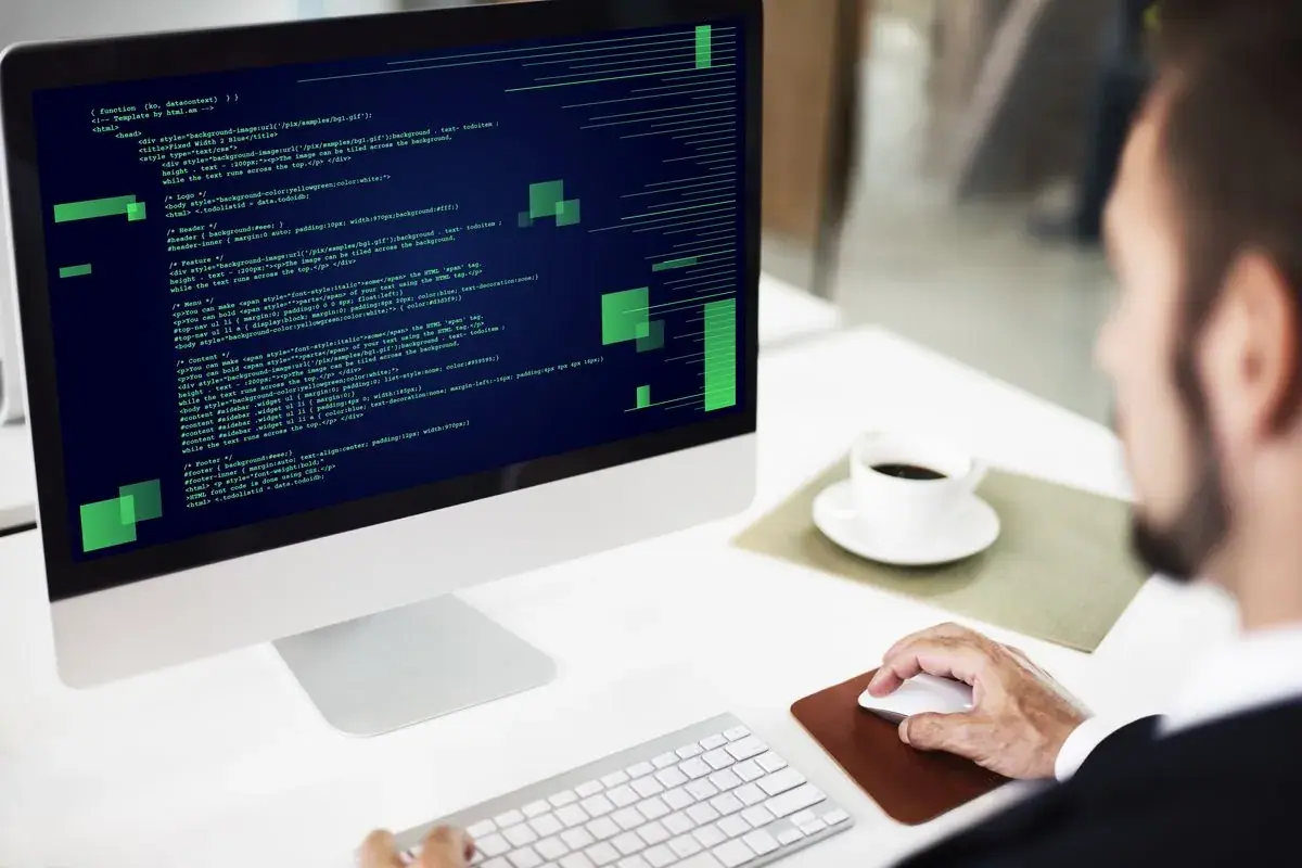 laki-laki sedang melakukan programming di komputernya