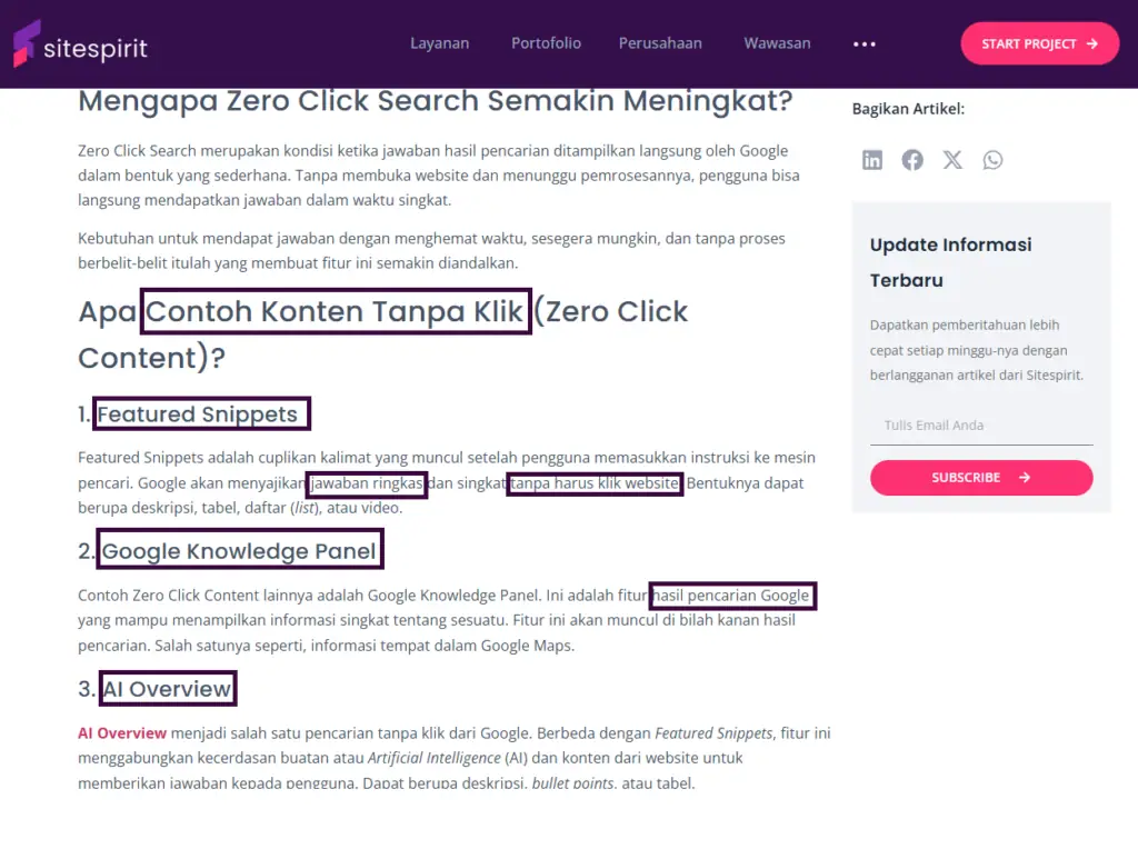 Tangkapan layar artikel dengan beberapa frasa turunan disorot sebagai contoh LSI keyword