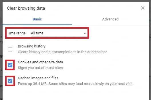 Kotak dialog Clear browsing data di Chrome dengan rentang waktu All time serta pilihan cookie dan cache tercentang