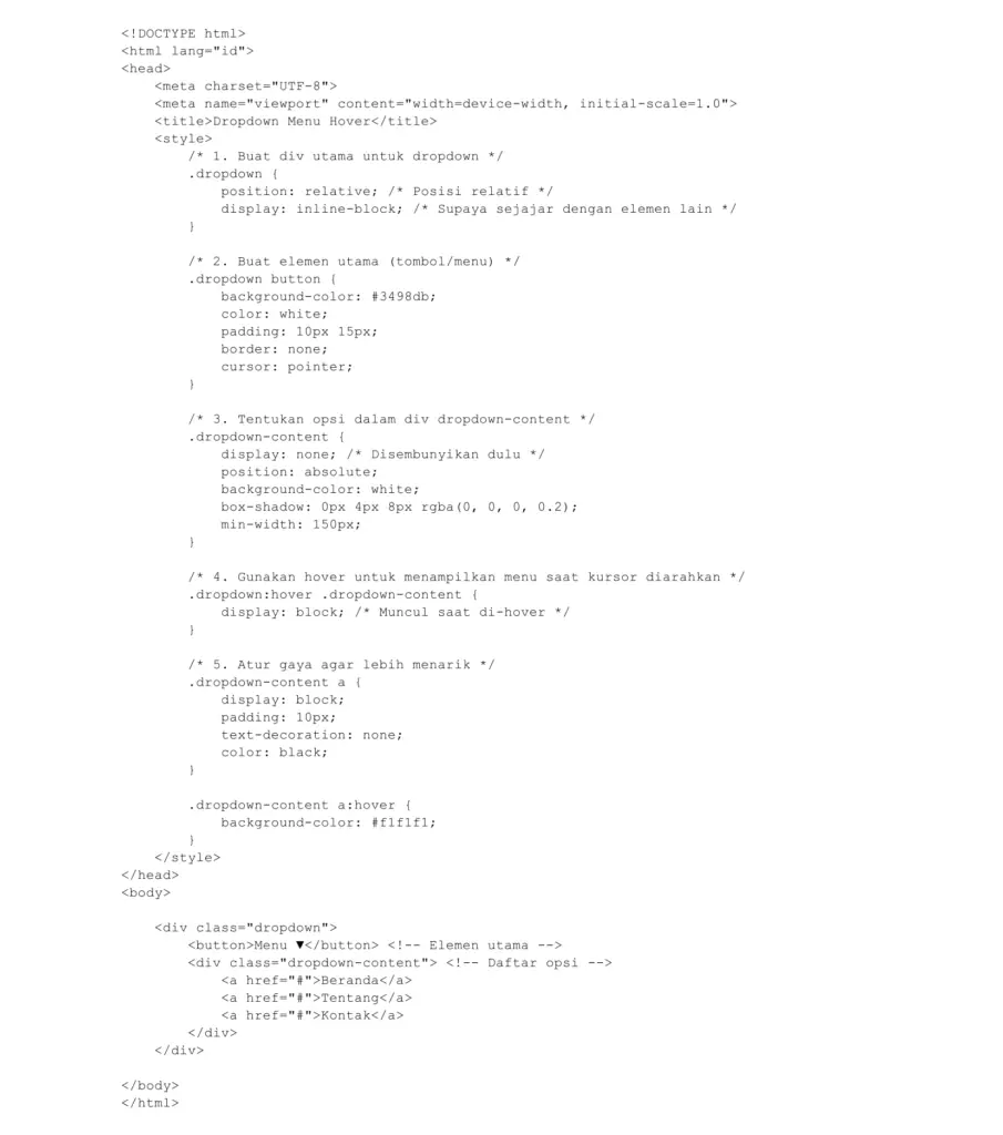Kode HTML dan CSS lengkap untuk membuat menu dropdown yang muncul saat kursor diarahkan