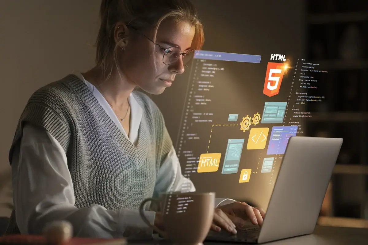 medium shot woman working laptop