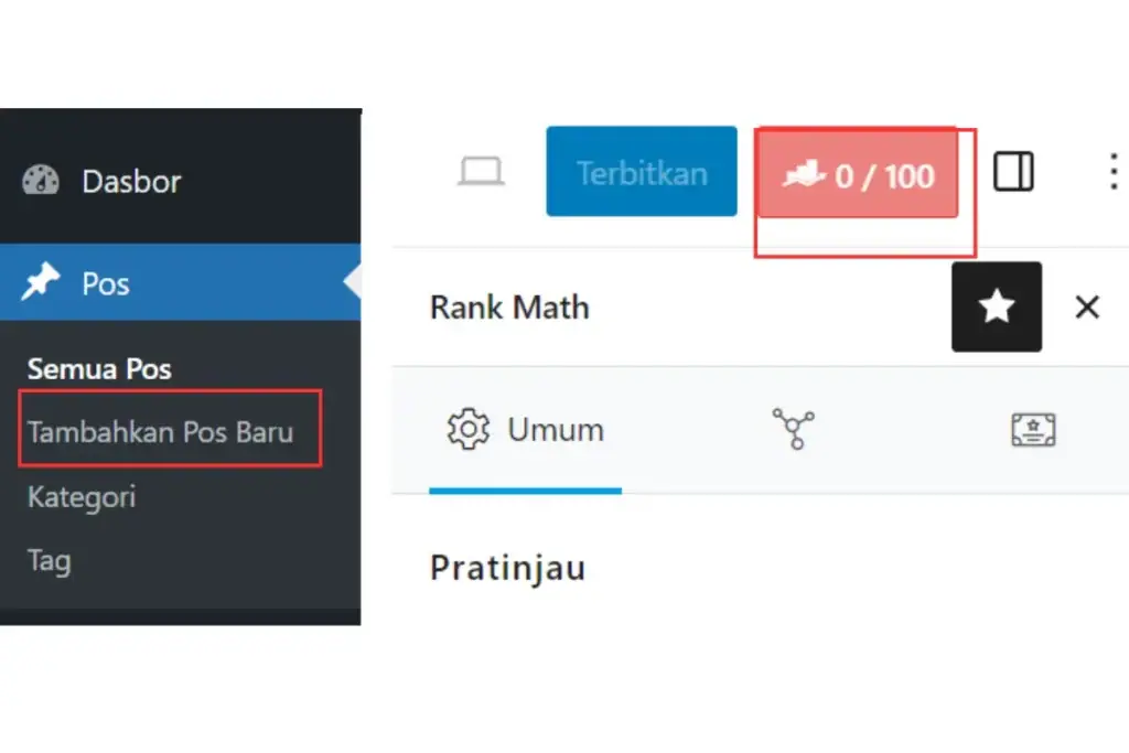 tambahkan pos dan pilih rank math untuk menambah meta tag