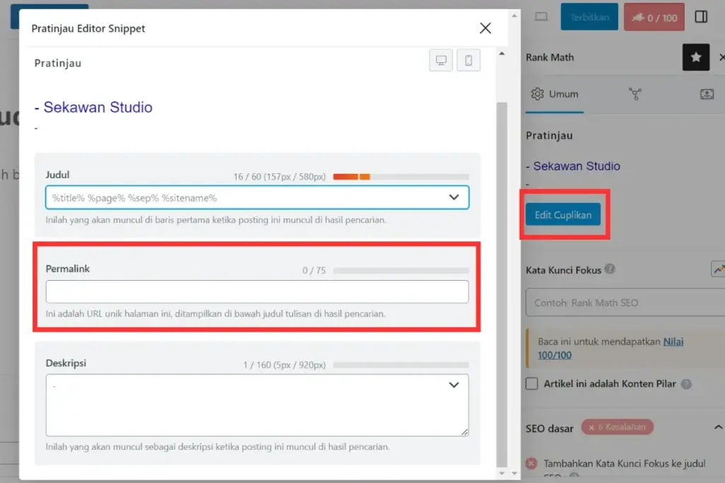 mengatur slug melalui plugin rankmath