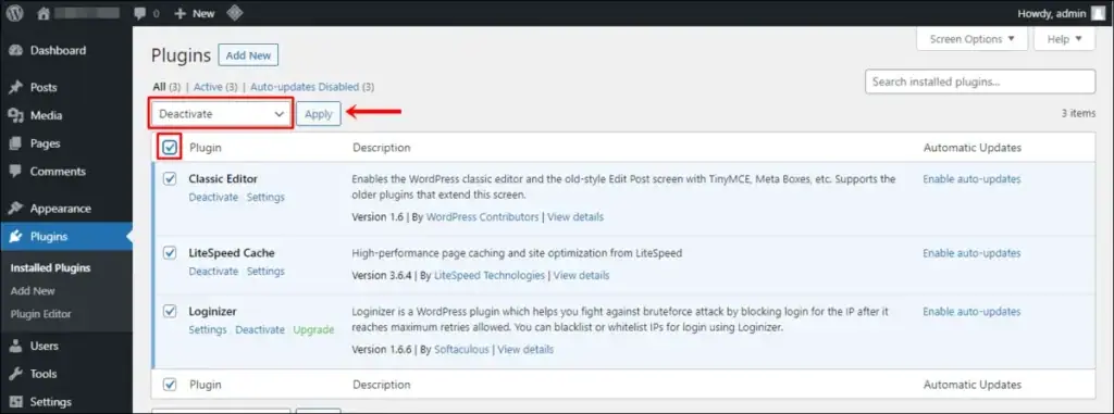 menonaktifkan plugin dari dashboard untuk mengatasi error 500
