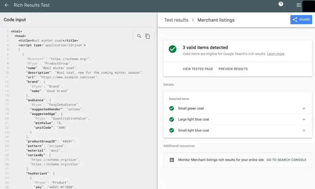 tampilan rich result tes di google search console untuk memantau data terstruktur