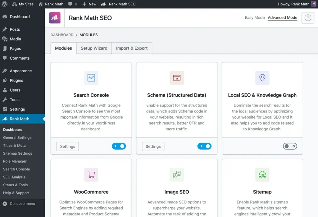 dashboard rank math, salah satu plugin wordpress