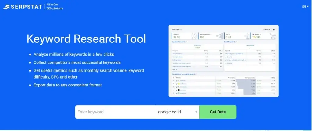 salah satu tools riset keyword yaitu serpstat