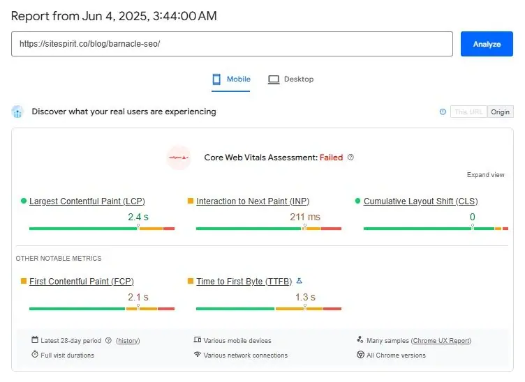 Contoh report Core Web Vitals pada website