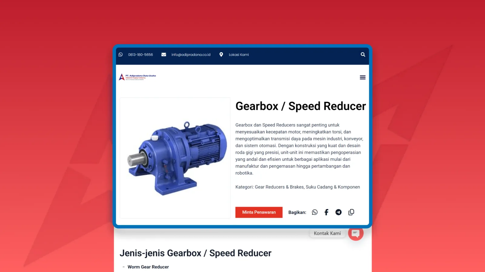 Halaman produk gearbox dengan foto barang, penjelasan kegunaannya, tombol minta penawaran dan bagikan, serta daftar jenis di bawahnya