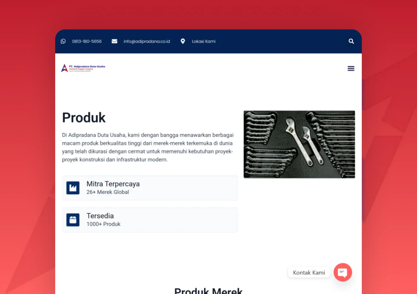 Halaman produk situs PT Adipradana Duta Usaha dengan bilah kontak di atas navigasi dan dua kartu angka katalog