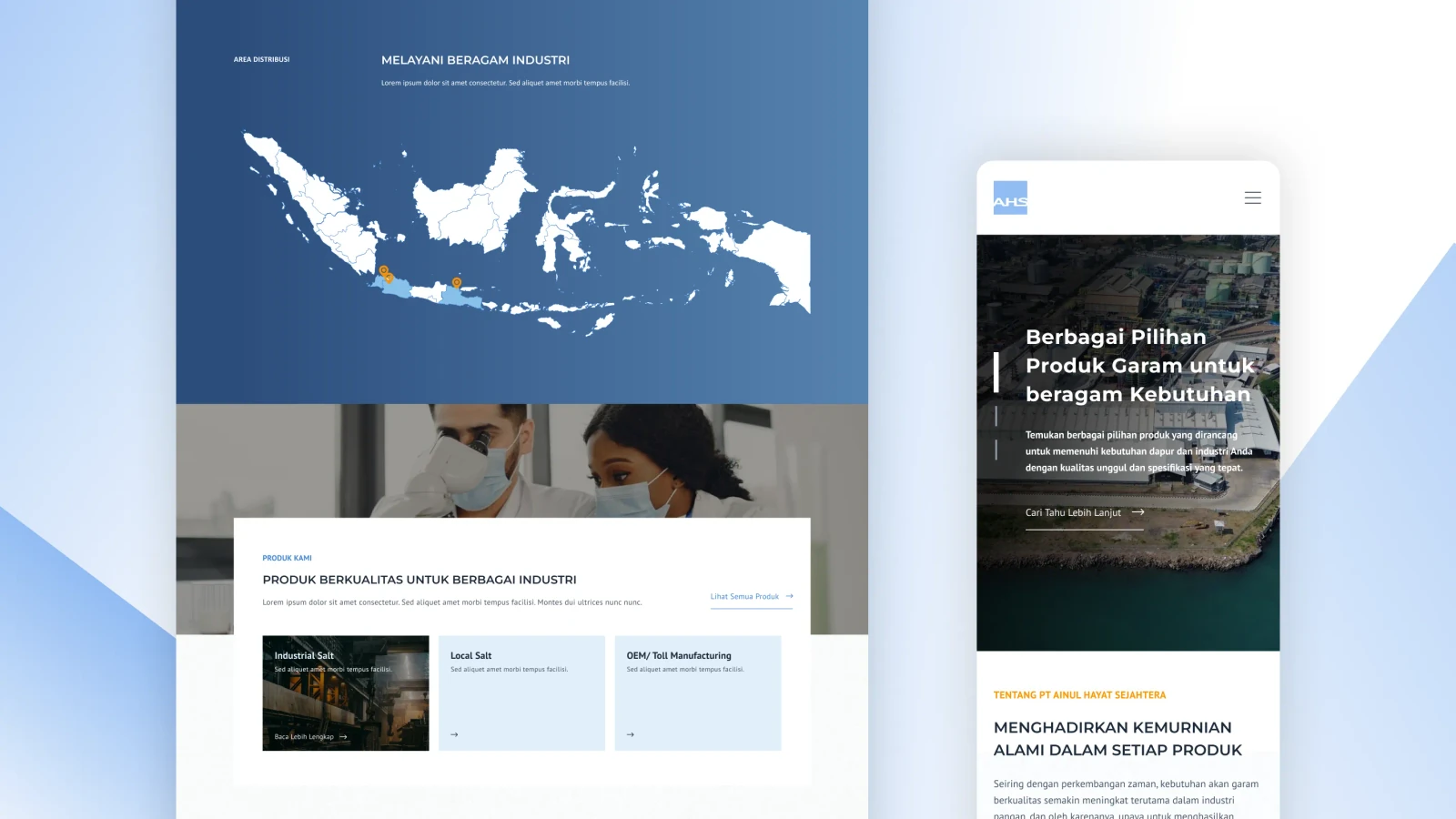 Section Area Distribusi dengan peta Indonesia dan katalog Produk Kami di situs AHS, beserta tampilan versi ponsel