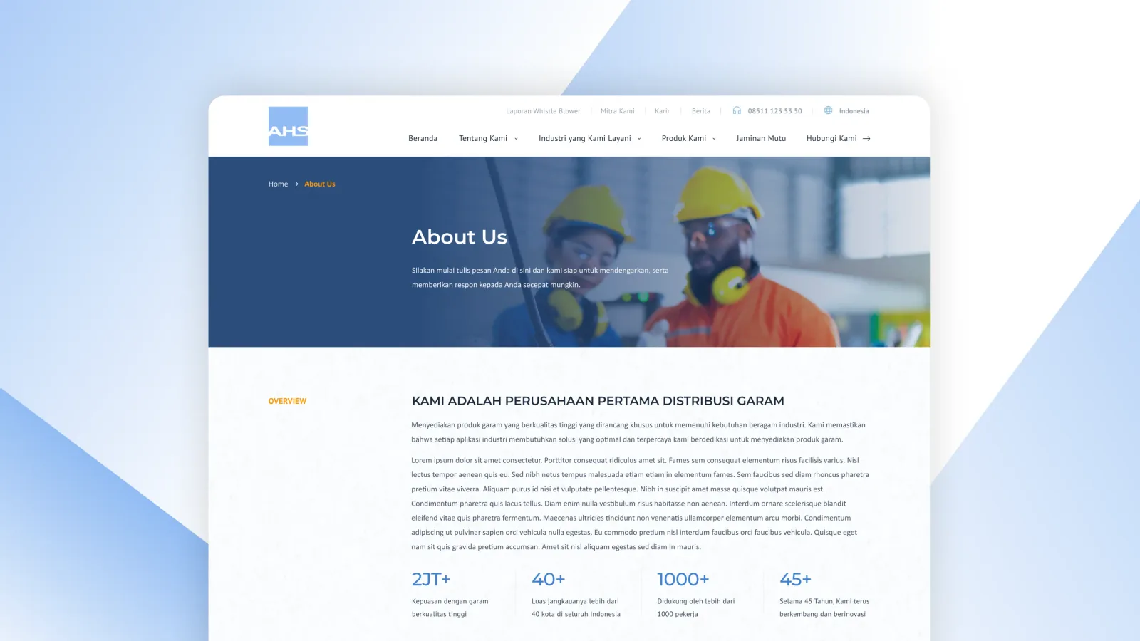 Halaman About Us situs AHS dengan hero bergambar dan ringkasan angka perusahaan