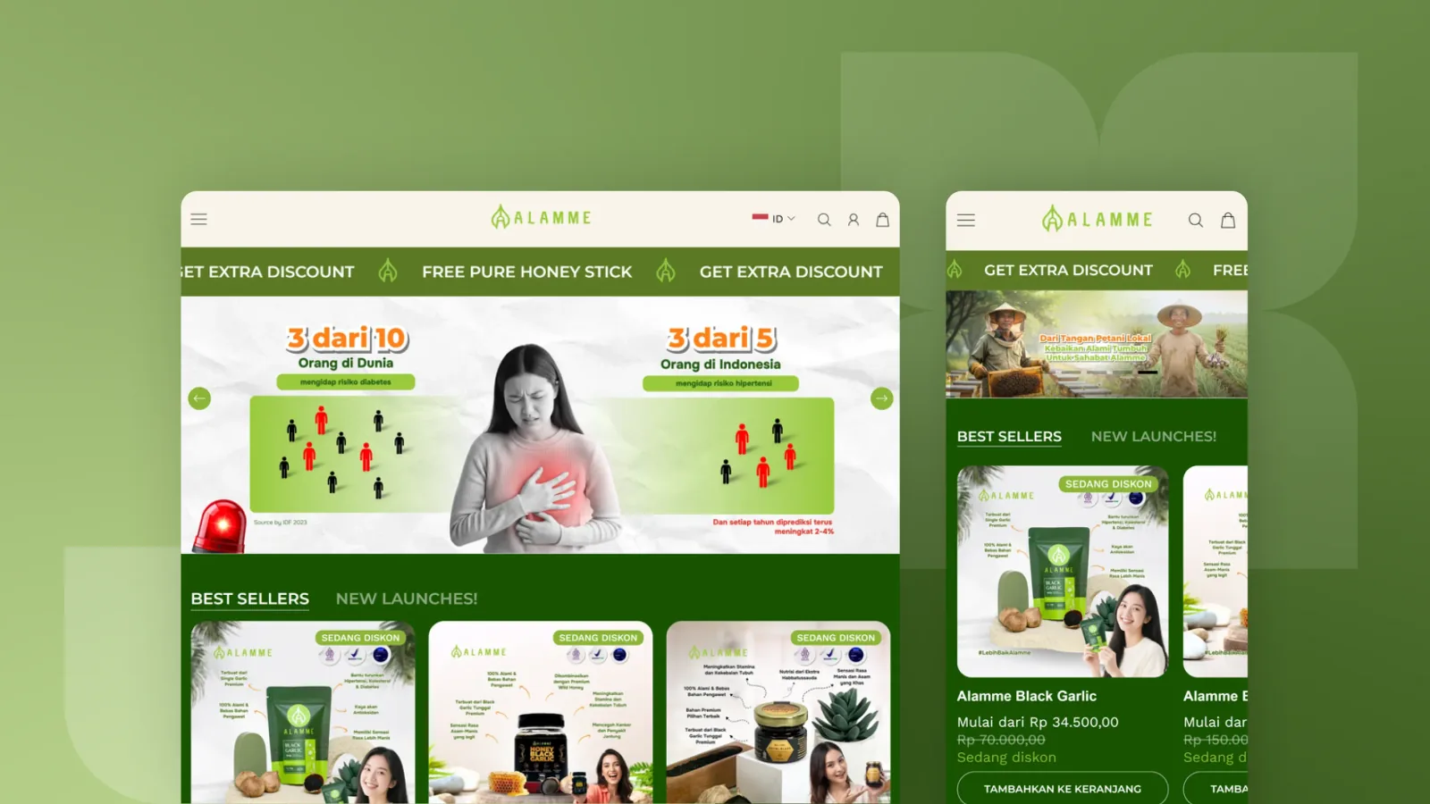 Beranda toko Alamme versi desktop dan ponsel dengan banner pembuka, pita promo berjalan, dan deretan produk terlaris beserta harga diskonnya