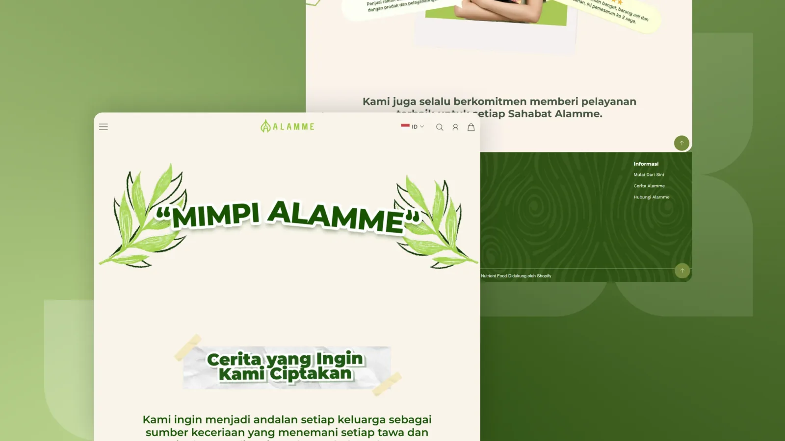 Halaman cerita merek Mimpi Alamme, di belakangnya bagian ulasan pembeli dan footer toko