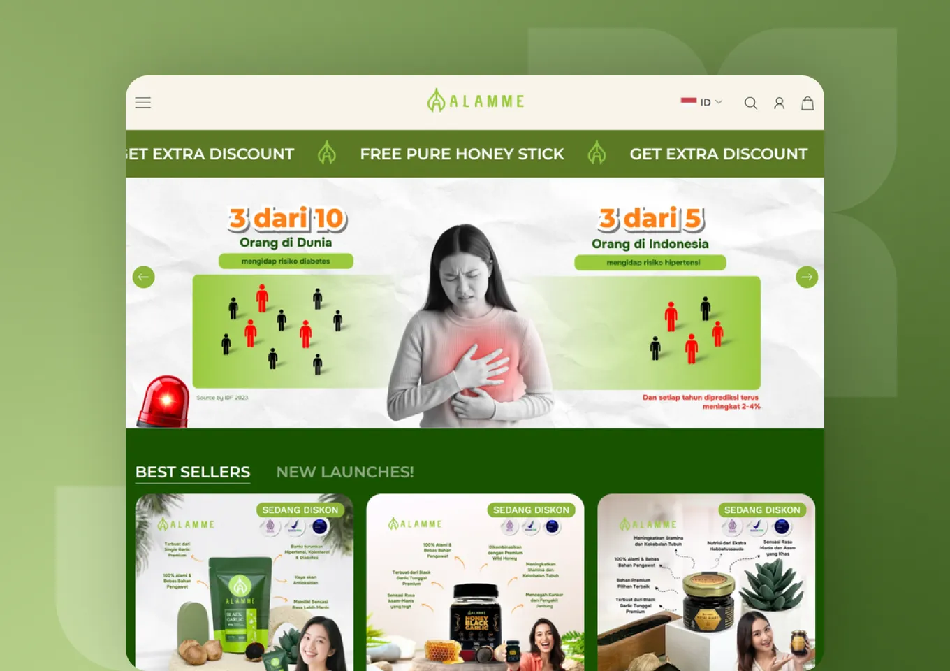 Beranda toko daring Alamme dengan banner pembuka dan deretan produk terlaris