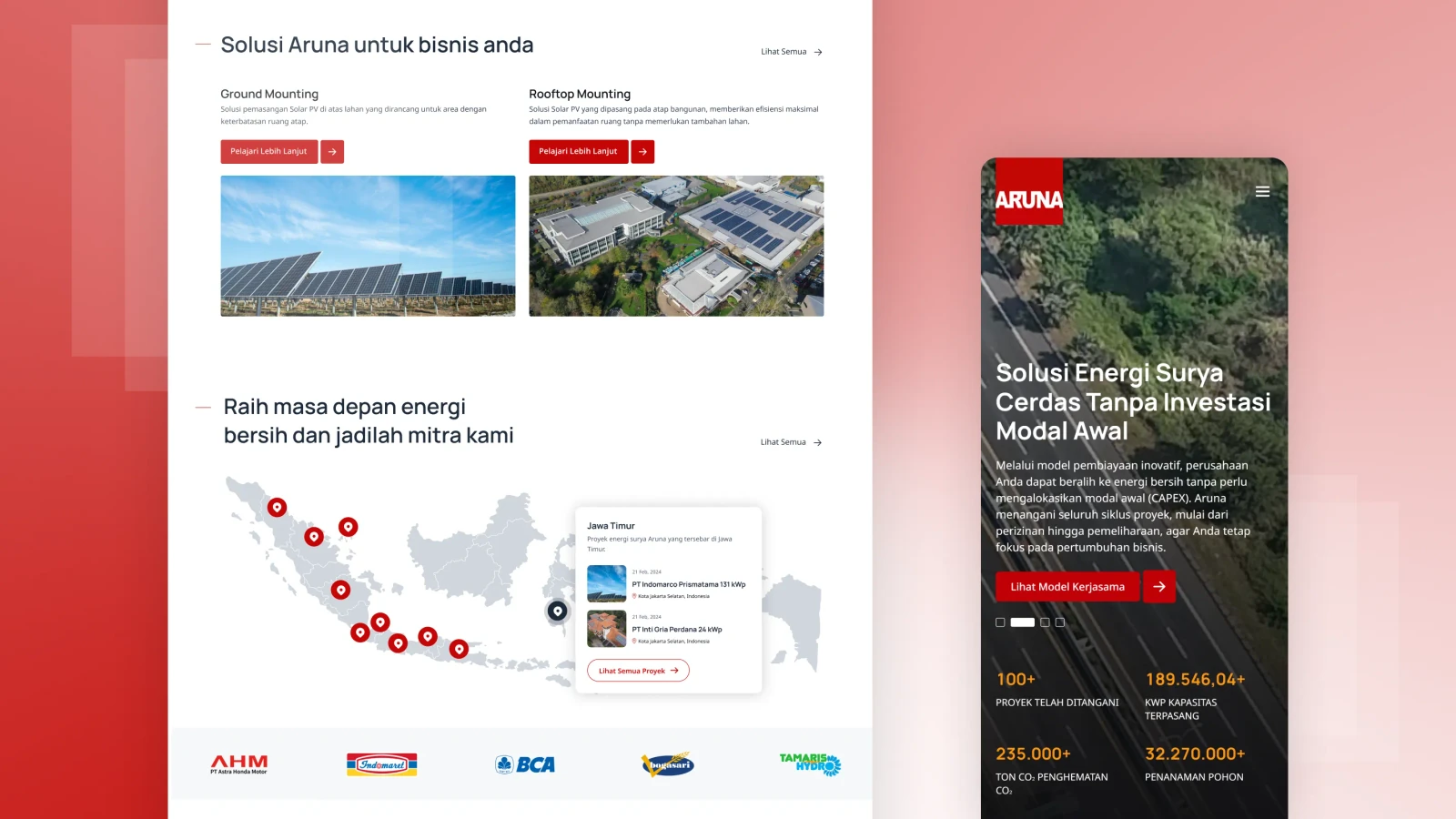 Bagian solusi ground dan rooftop mounting, peta sebaran proyek, dan logo klien Aruna, beserta tampilan versi ponsel