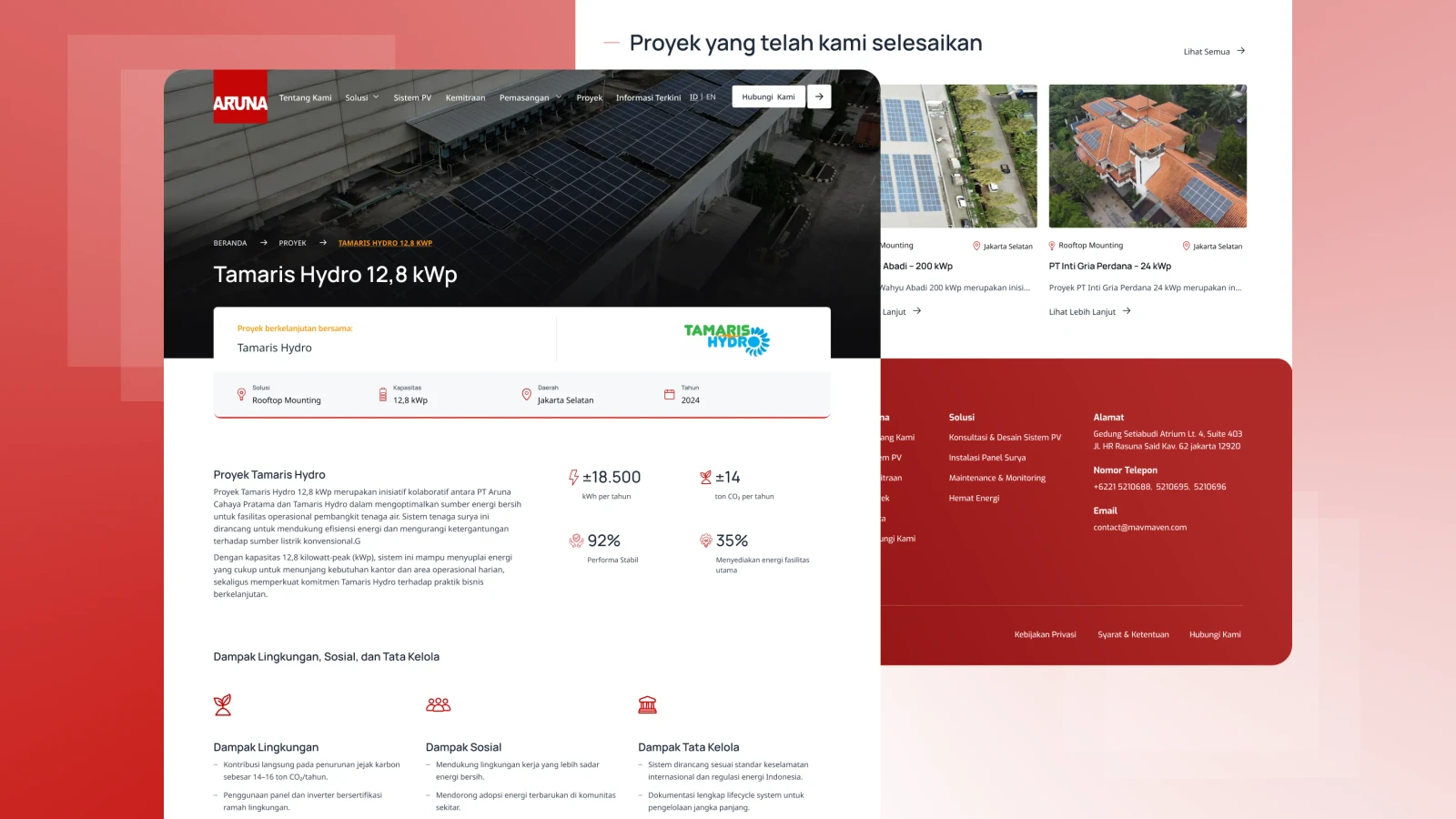 Halaman proyek Tamaris Hydro dengan ringkasan kapasitas, angka dampak, dan uraian dampak lingkungan, sosial, serta tata kelola, beserta footer situs