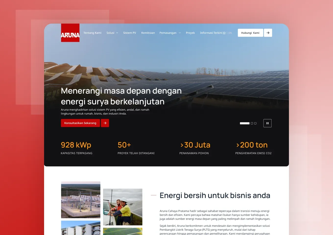 Beranda situs Aruna dengan hero energi surya dan ringkasan capaian perusahaan