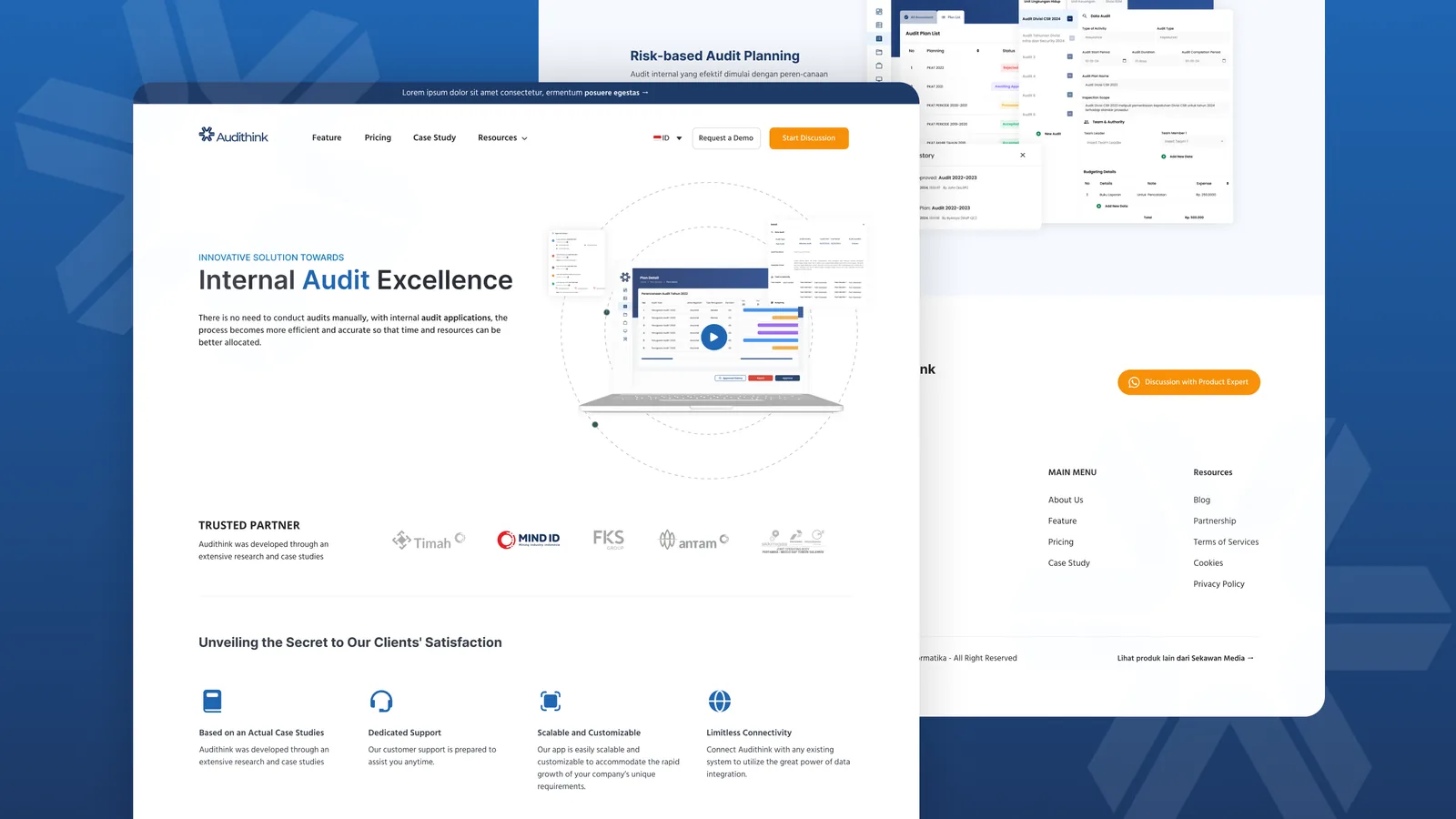 Beranda Audithink dengan hero Internal Audit Excellence, deretan mitra, dan empat alasan memilih produknya, beserta footer situs