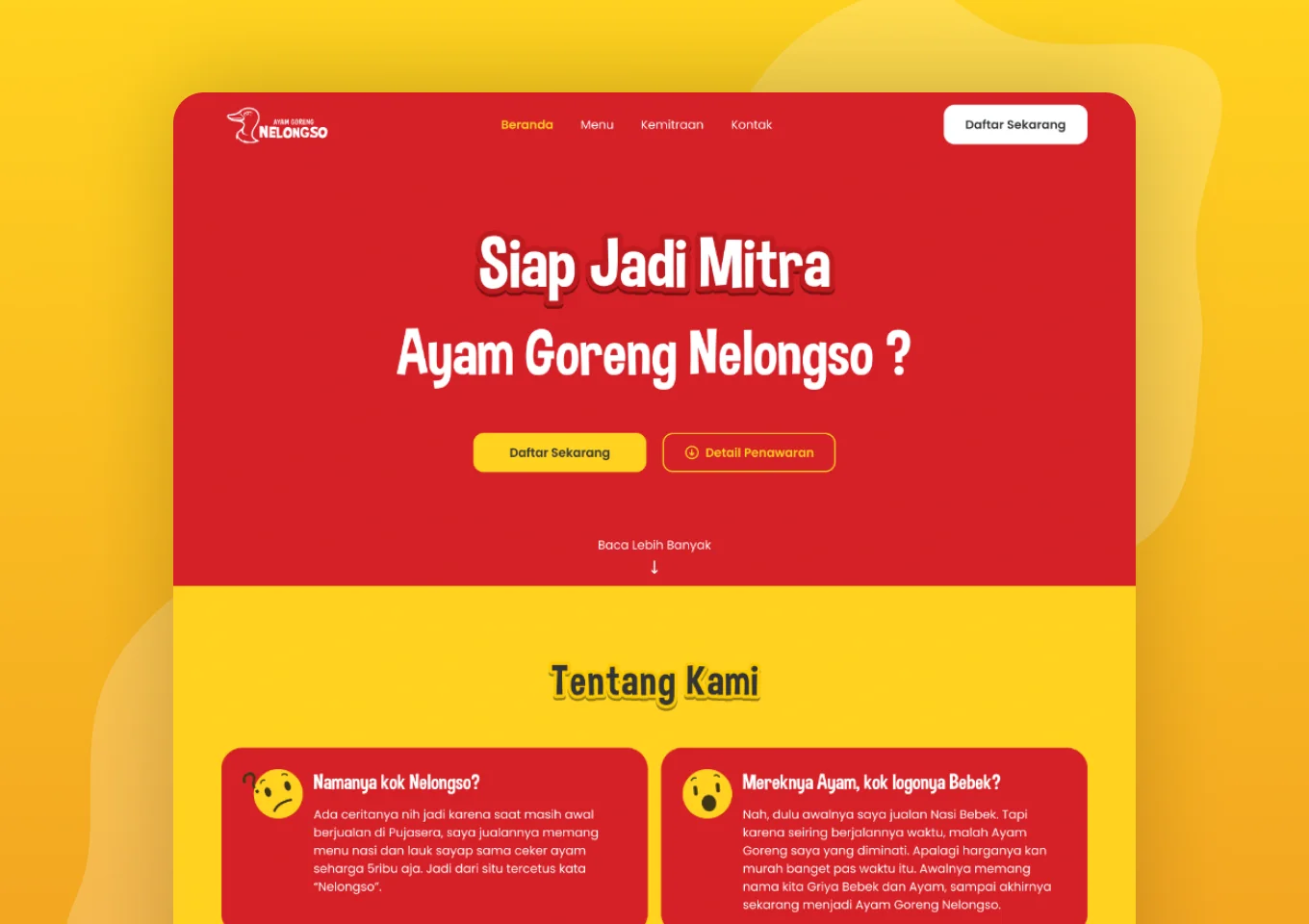 Beranda situs Ayam Goreng Nelongso dengan hero ajakan menjadi mitra dan bagian tentang kami