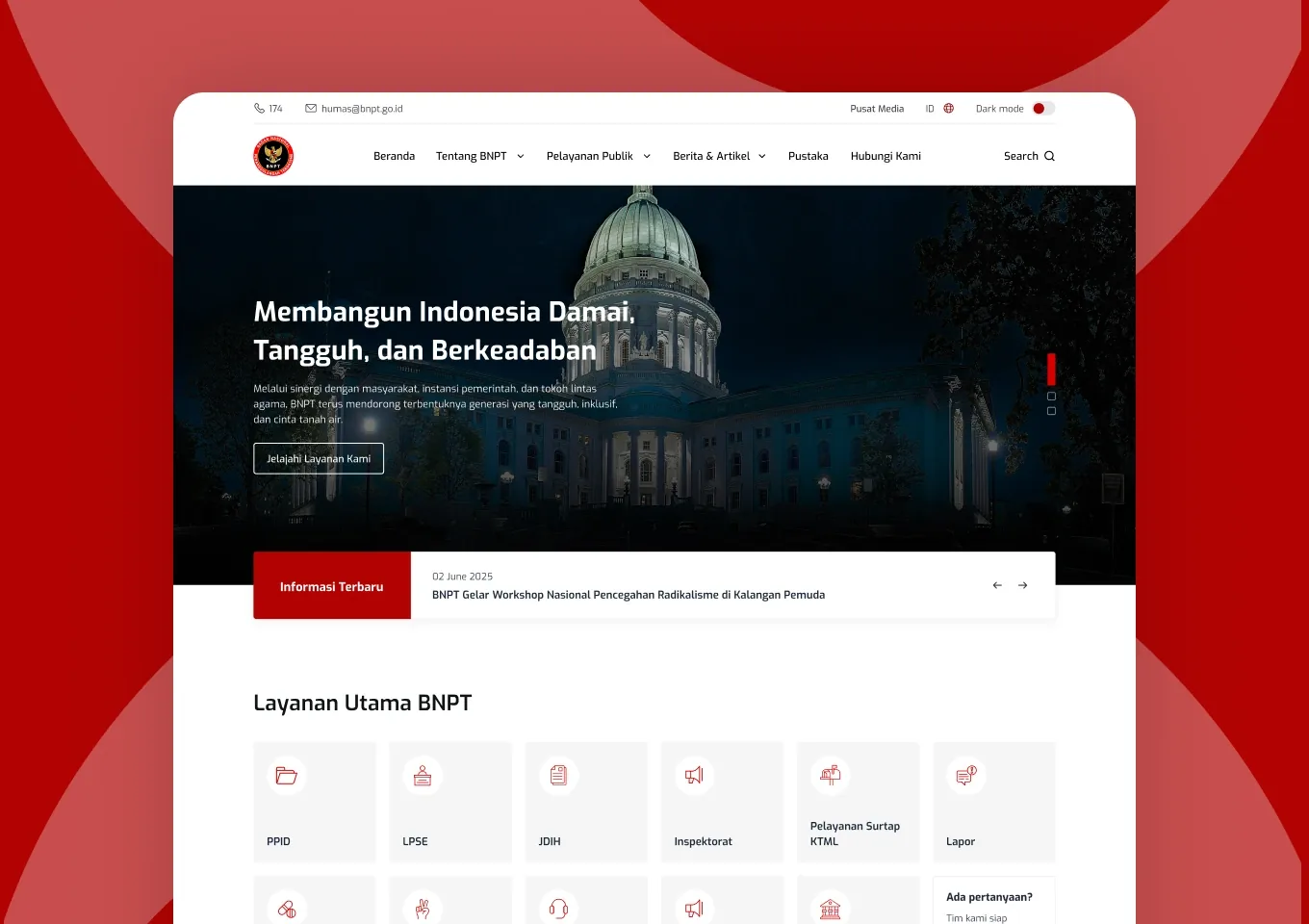 Beranda situs BNPT dengan hero dan kisi layanan utama lembaga
