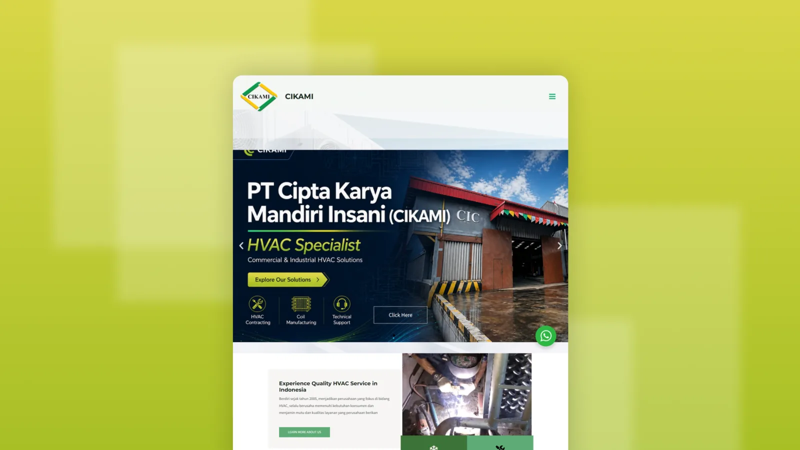 Beranda dengan hero carousel bergambar pabrik, tiga pintu masuk berikon untuk kontrak HVAC, pabrikan koil, dan dukungan teknis, serta profil singkat perusahaan di bawahnya